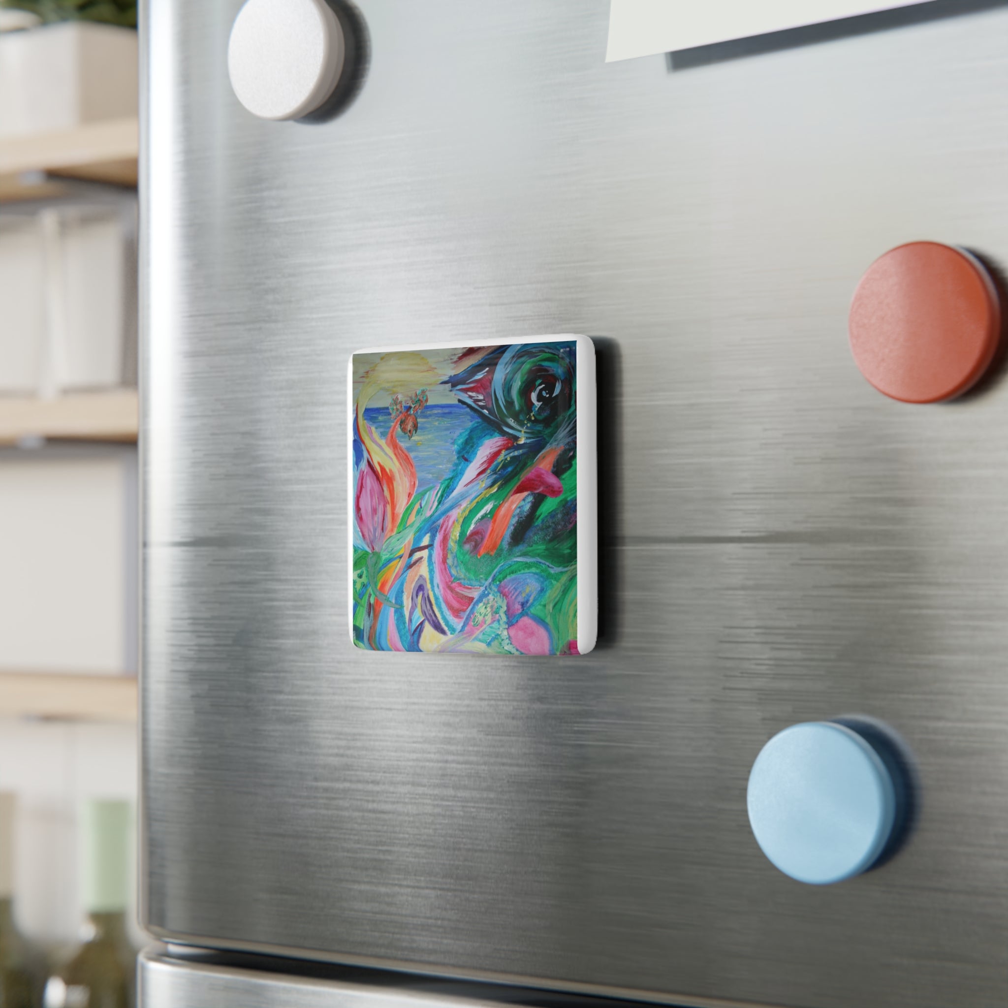 Vibrant Porcelain Magnet, Colorful Square Fridge Magnet, Art Decor, Home Office Gift, Bohemian Style Decor