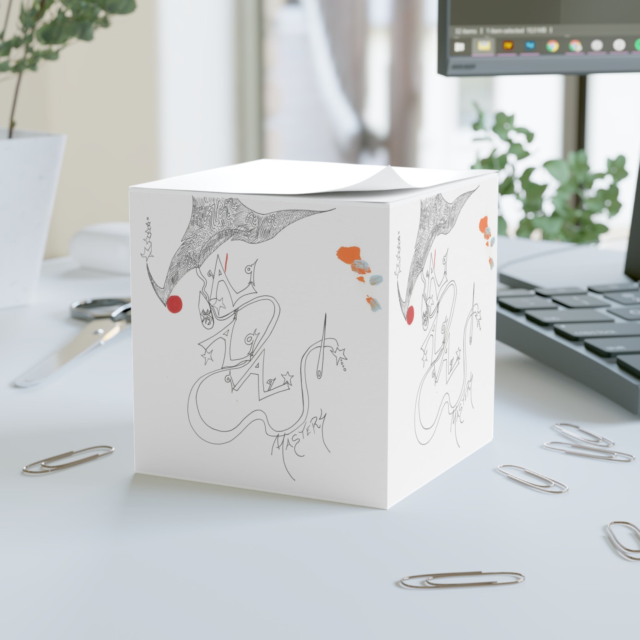 Whimsical Note Cube with Artistic Design, Unique Desk Accessory, Office Supplies, Gift for Artists, Creative Workspace Decor